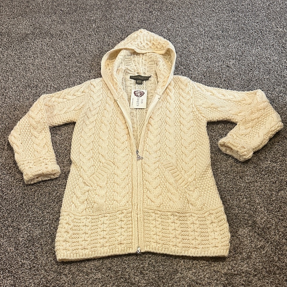 Inis Crafts 100% Merino Wool Hooded Zipper Cardigan Sweater Size Small